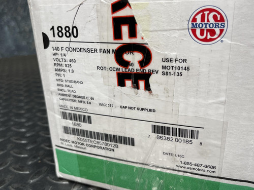US Motors 1880 1/4 HP Condenser Fan Motor 460 VAC 825 RPM 6.5" Shaft