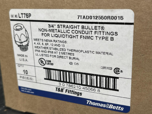 Box of 10 Thomas & Betts LT75P LiquidTight Connector 3/4" Straight Bullet Conn