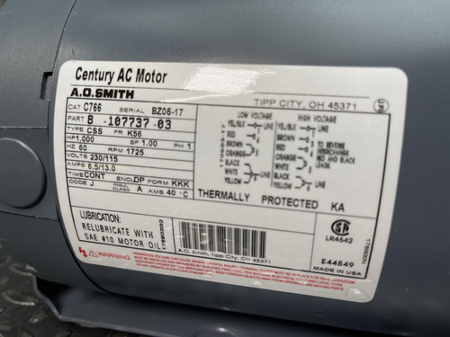 Century AO Smith C766, 1 HP, 1725 RPM, 115, 230V, Cap Start Resilient Motor
