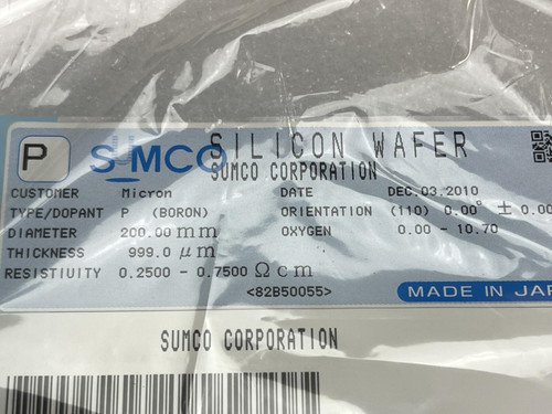 64 Count - Sumco 200mm P/Boron Silicon Wafer - New, Unused, Sealed