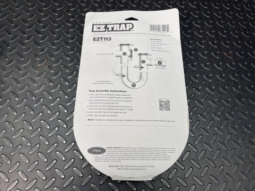 The back of the packaging for Rectorseal EZ Trap 3/4" Condensate Trap, EZT113, from Obtainium Science Surplus, displaying the installation instructions and product diagram.