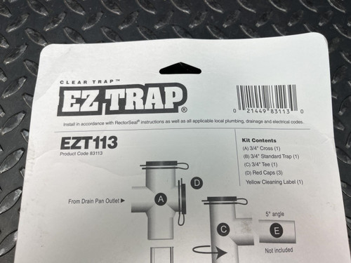 Close-up of the top section of the back of the packaging for Rectorseal EZ Trap 3/4" Condensate Trap, EZT113, from Obtainium Science Surplus, showing detailed product information and barcode.