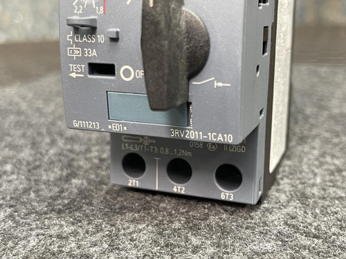 Lower section of the Siemens Sirius 3RV2011-1CA10 Motor Starter Protector from Obtainium Science and Surplus, displaying the three connection terminals and printed details.