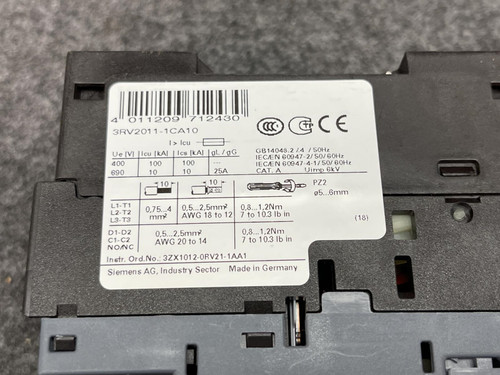 Close-up of the label on the Siemens Sirius 3RV2011-1CA10 Motor Starter Protector from Obtainium Science and Surplus, detailing specifications, compliance markings, and barcode.