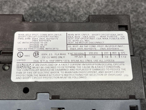 Additional label on the Siemens Sirius 3RV2011-1CA10 Motor Starter Protector from Obtainium Science and Surplus, showing extensive technical specifications and certifications in fine print.
