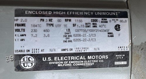 US Electrical Motors 2HP 230/460V 1155RPM 184TC Frame - NEW
