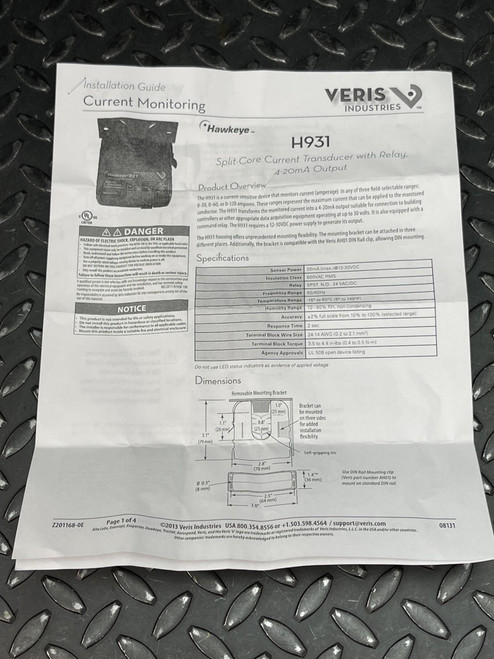 Veris Industries H931 Split-Core Current Transducer w/ Relay, 4-20mA Output
