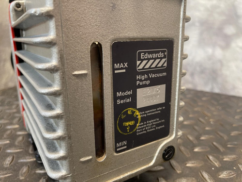 Side view of the Edwards E2M5 Two-Stage Rotary Vane Vacuum Pump for Lab or Industrial Applications from Obtainium Science and Surplus, showing the oil level indicator.