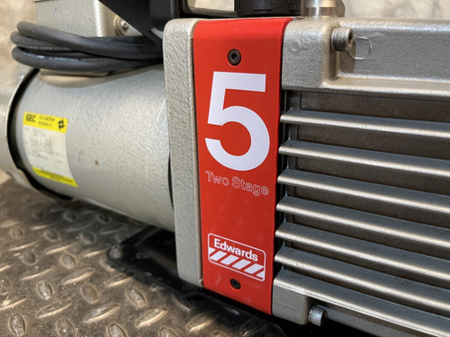 Detailed close-up of the red “5” label on the Edwards E2M5 Two-Stage Rotary Vane Vacuum Pump for Lab or Industrial Applications from Obtainium Science and Surplus.
