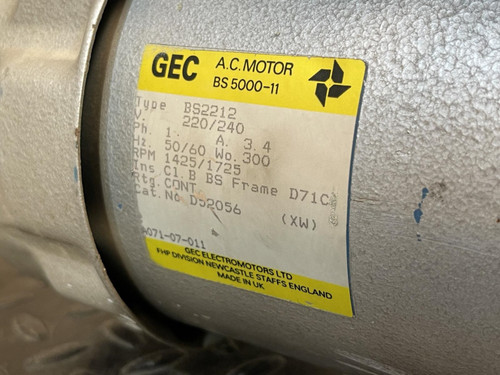 A close-up of the motor label on the Edwards E2M5 Two-Stage Rotary Vane Vacuum Pump for Lab or Industrial Applications from Obtainium Science and Surplus.