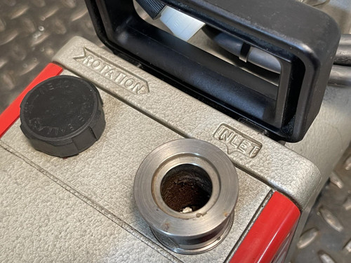 Top view of the Edwards E2M5 Two-Stage Rotary Vane Vacuum Pump for Lab or Industrial Applications from Obtainium Science and Surplus, showing the fill and drain ports.