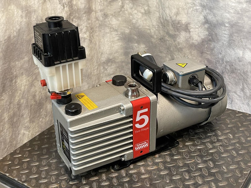 Angled side view of the Edwards E2M5 Two-Stage Rotary Vane Vacuum Pump for Lab or Industrial Applications from Obtainium Science and Surplus, highlighting the wiring.