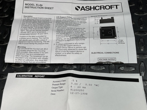 Ashcroft IXLDP Differential Pressure Transmitter Range 0.5"WC - Unused