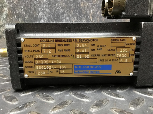 Kollmorgen B-102-A-24 Goldline Brushless P.M. Servo Motor 230V 7500 RPM Max.