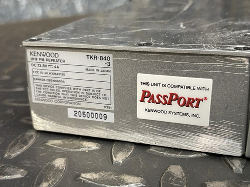 Close-up of the Kenwood TKR-840-3 label with compatibility information and serial number, '21092009'.