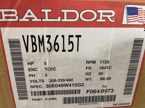 Baldor VBM3615T 5 HP Brake Motor -Unused