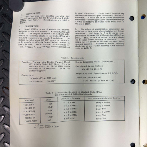 Close-up of a page from the Hewlett Packard 16021A Test Fixture manual, detailing specifications and operational instructions.