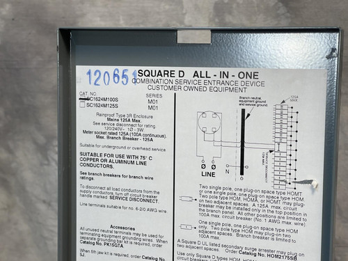 Square D SC1624M100S Meter Socket 16 Space 24 Circuits w/ Main Breaker 100A
