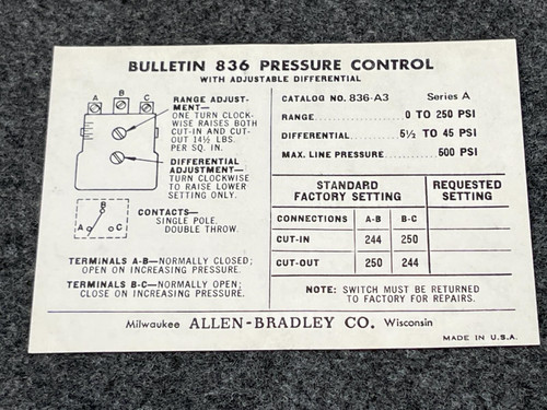 Allen-Bradley Bulletin 836-A3 Series A Pressure Switch -Unused