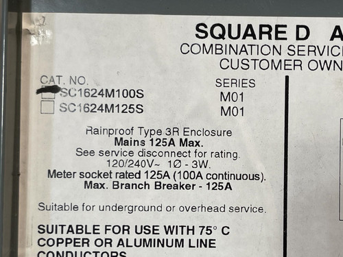 Square D SC1624M100S Meter Socket 16 Space 24 Circuits w/Main Breaker 100A + 20A