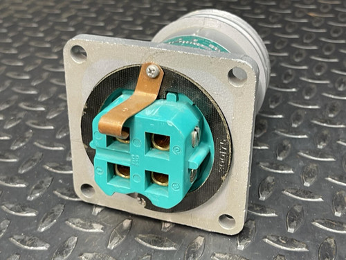 Rear view of the Appleton Powertite ACR1034 pin and sleeve receptacle from Obtainium Science and Industry, showing the green connectors and brass clip.