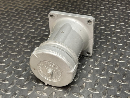 Appleton Powertite ACR1034 pin and sleeve receptacle from Obtainium Science and Industry, shown with its cover closed on a textured metal surface.