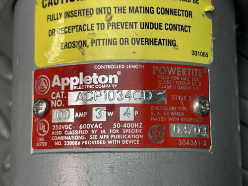 Appleton ACP1034CD 100 Amp Clamping Ring Plug, 4P 3W 600V
