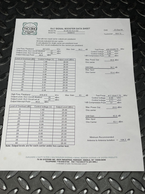 Printed data sheet from Obtainium Science and Surplus, showing technical specifications for the TX RX Systems UHF Radio frequency booster.