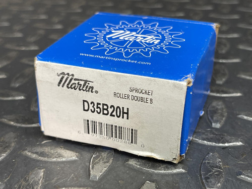 Blue product box labeled "Martin D35B20H Sprocket – Double Row, 20 Teeth." Positioned on a textured black surface, the packaging displays both the part number and barcode, sourced from Obtainium Science and Surplus.