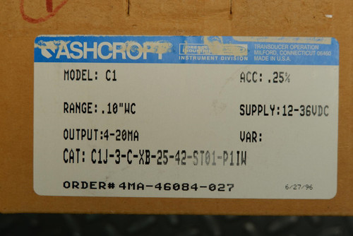 Ashcroft C1 Differential Pressure Transmitter Range 0.10"WC