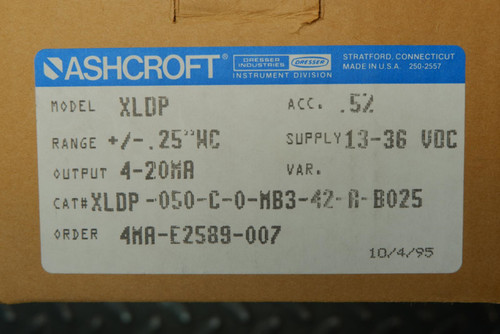 Ashcroft Model XLDP Differential Pressure Transmitter Range +/- 0.25"WC