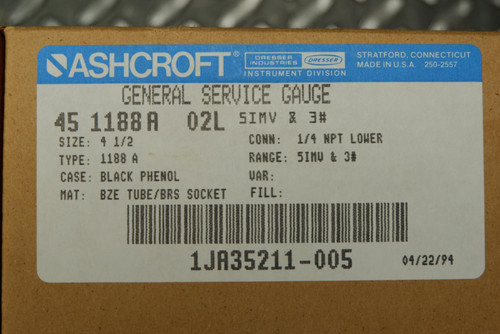 Ashcroft 45-1188A-02L, 5 inHG. to 3 PSI, General Service Gauge 4.5" 5IMV / 3 Lbs