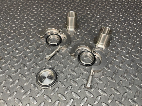 Lot of 2, Adapter KF-40 to 1.5" Hose SS Metal KF40, w/ Center Ring, Hinge Clamp Unknown KF-40