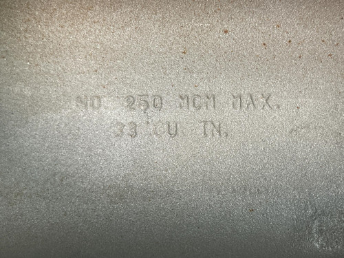 A close-up of a 3-inch Appleton LL conduit body from Obtainium Science and Surplus, featuring the embossed text reading 'NO. 250 MCM MAX. 33 CU IN.'
