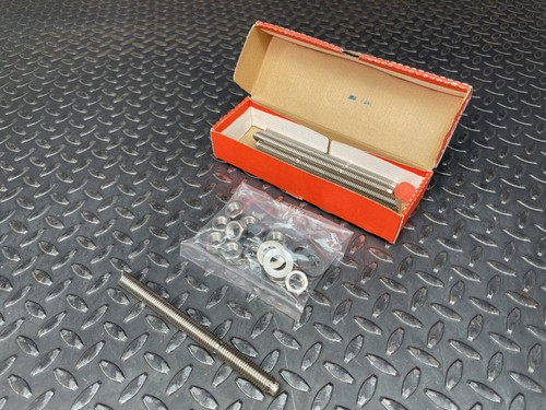 Hilti HAS-R 304 SS Anchor Rod - 1/2"x 6 1/2" from Obtainium Science and Surplus: An open box with several threaded rods and a separate plastic bag containing washers and nuts, all displayed on a textured metal surface.