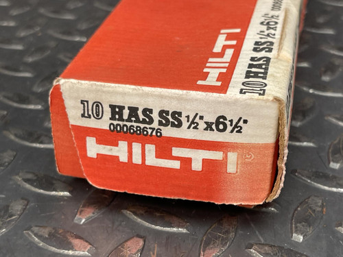 Hilti HAS-R 304 SS Anchor Rod - 1/2"x 6 1/2" from Obtainium Science and Surplus: Close-up of the corner of a red Hilti box showing product labeling and details.