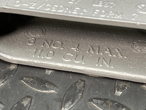 Close-up of the label on a 1" Appleton LB Conduit Body from Obtainium Science and Surplus, highlighting the text "8 NO 4 MAXO H.O. CO. IN.".