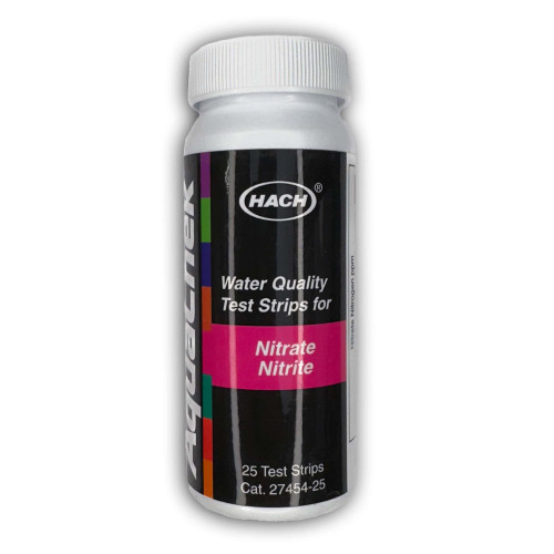 A bottle of Hach AquaChek Nitrate and Nitrite Test Strips, featuring a black label with the Hach logo and colorful stripes. The label reads "Water Quality Test Strips for Nitrate Nitrite." Available from Obtainium Science & Industry Surplus.