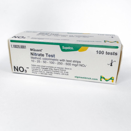 A box of MQuant Nitrate Testing Strips, labeled for 100 tests with measurement ranges from 10 to 500 mg/l NO3-. The product is available from Obtainium Science & Industry Surplus.