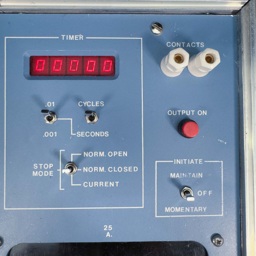 Close-up of the timer section of the Megger Multi-Amp CB-832 Circuit Breaker Tester, showing the digital timer display, cycle controls, and output connections.