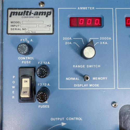 Another close-up of the Megger Multi-Amp CB-832 Circuit Breaker Tester control panel, focusing on the ammeter, range switch, and additional controls.