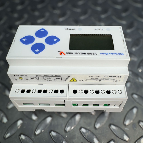 Veris Industries E50H5 E50 series power meter from Obtainium Scientific Surplus, showing a detailed front view with control buttons and connection ports on a textured surface.