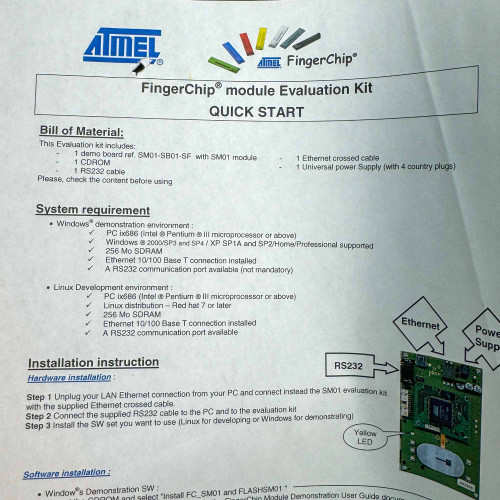 Quick start guide for the ATMEL Biometric FingerChip module evaluation kit from the Obtainium Science Surplus Store, detailing system requirements and installation instructions.
