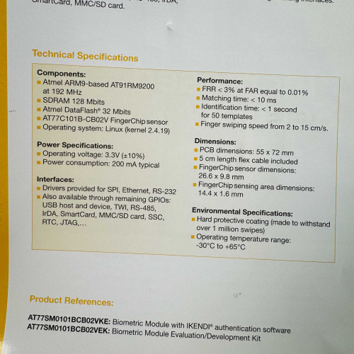 Technical specifications page for the ATMEL Biometric FingerChip module from the Obtainium Science Surplus Store, listing components, power, performance, and environmental specifications.
