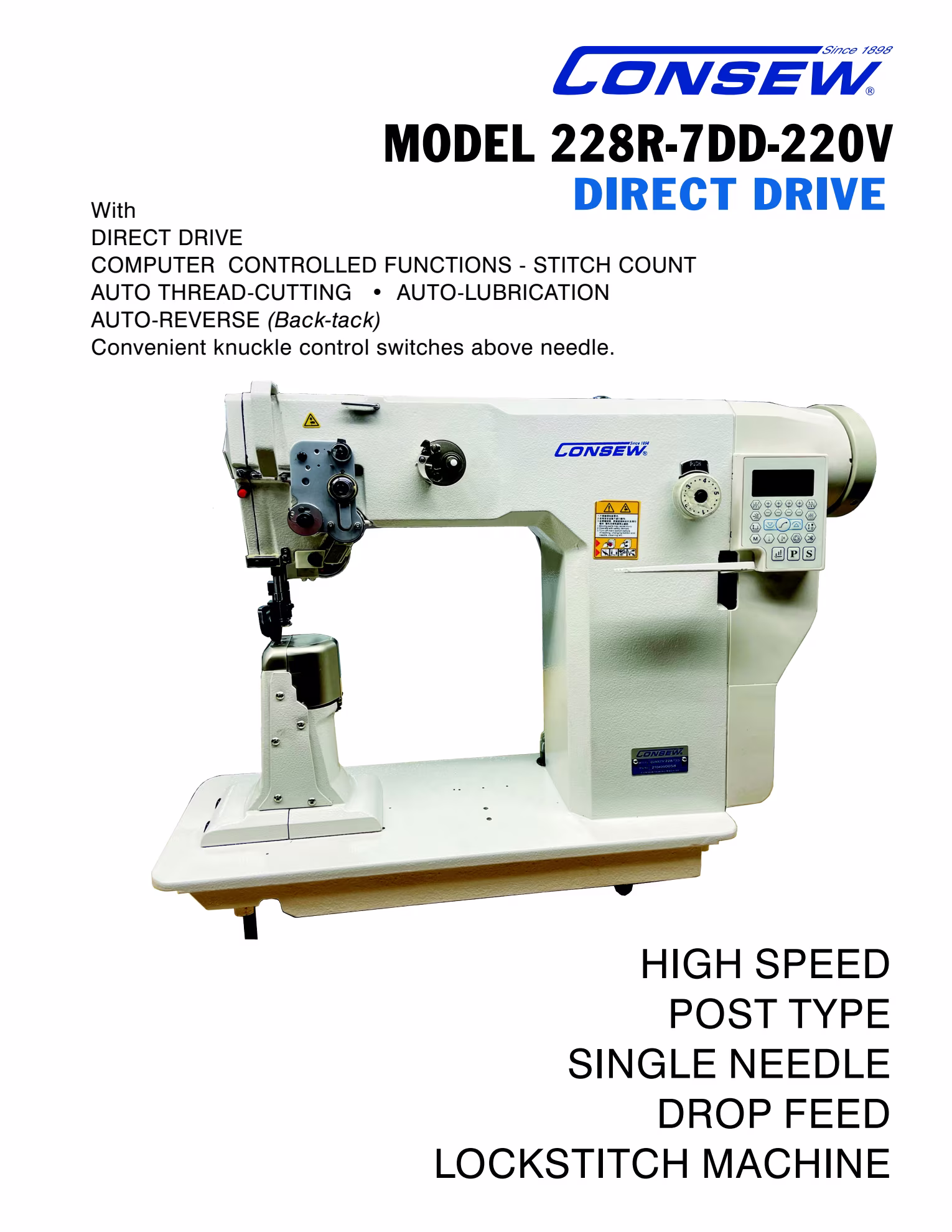 Consew 228R-7DD-220V Single Needle Direct Drive Lockstitch Industrial Sewing Machine with Complete Tabling Brochure Page 1