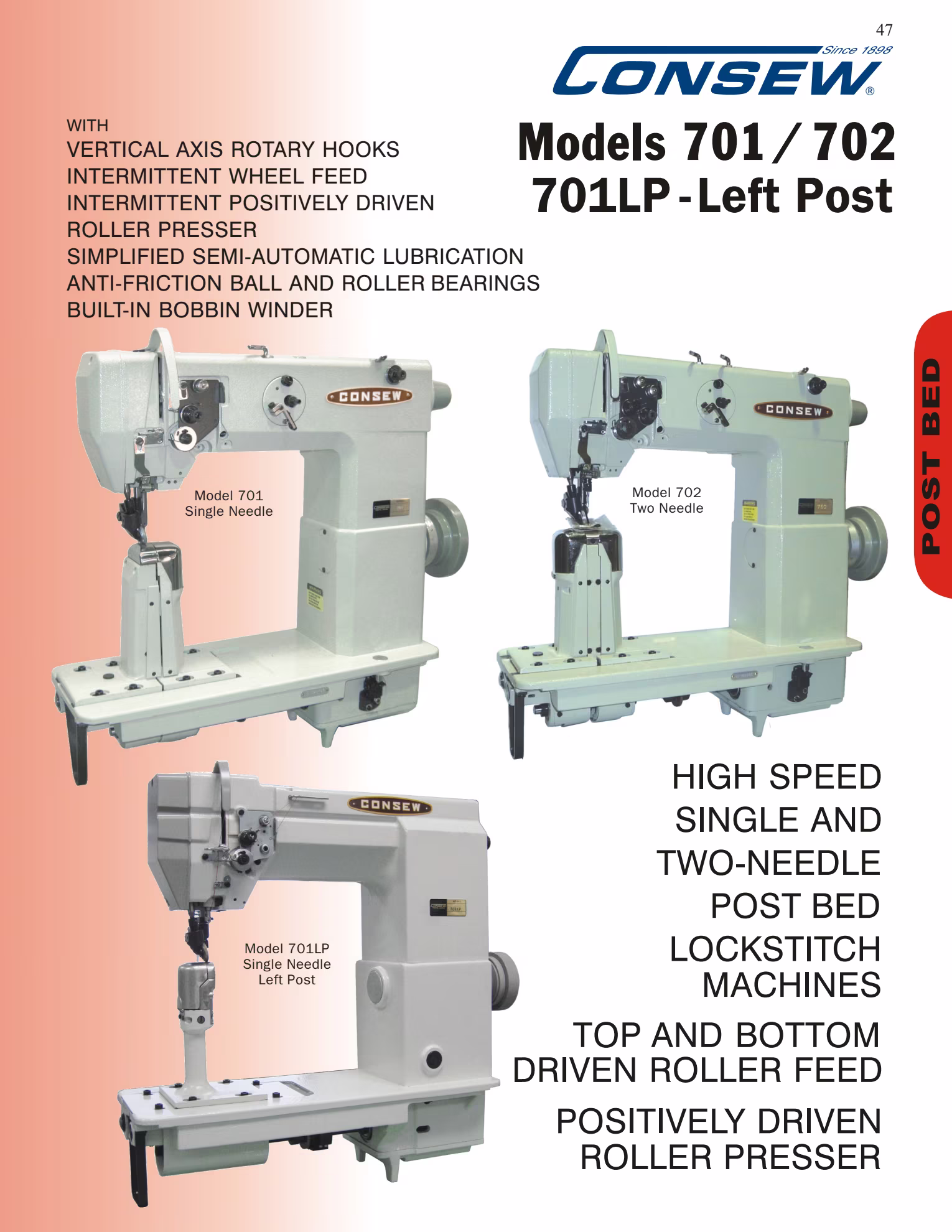 Consew 701LP High Speed Single Needle Post Bed Lockstitch Sewing Machine with Table and Servo Motor Brochure Page 1