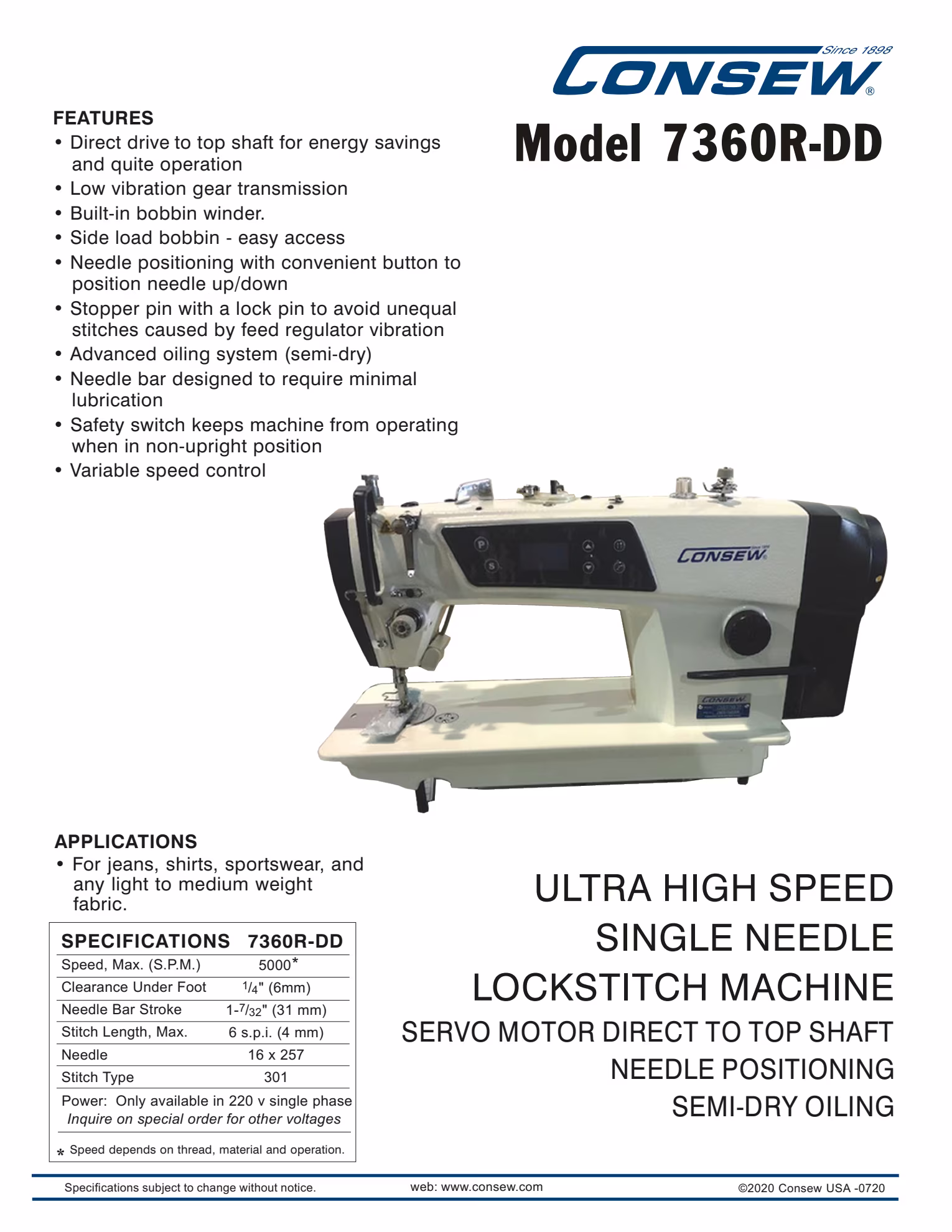 Consew 7360RB-2DD Single Needle Direct Drive Lockstitch Industrial Sewing Machine with Complete Tabling Brochure Page 1