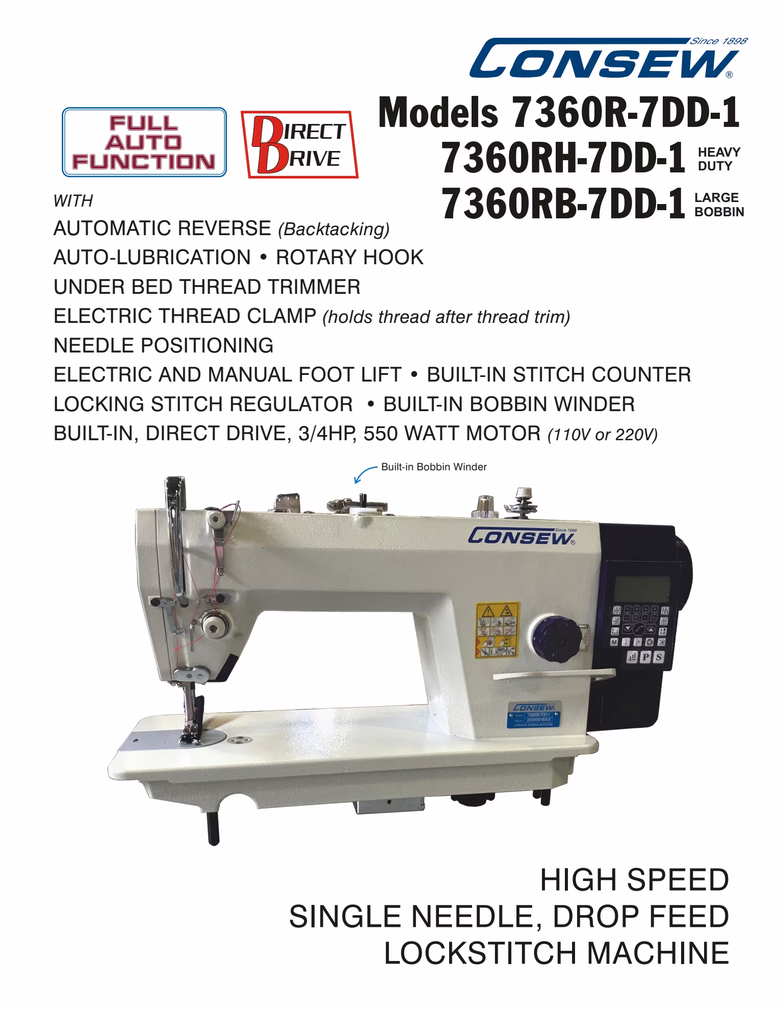 Consew 7360RB-7DD-1 Single Needle Direct Drive Lockstitch Industrial Sewing Machine with Complete Tabling Brochure Page 1