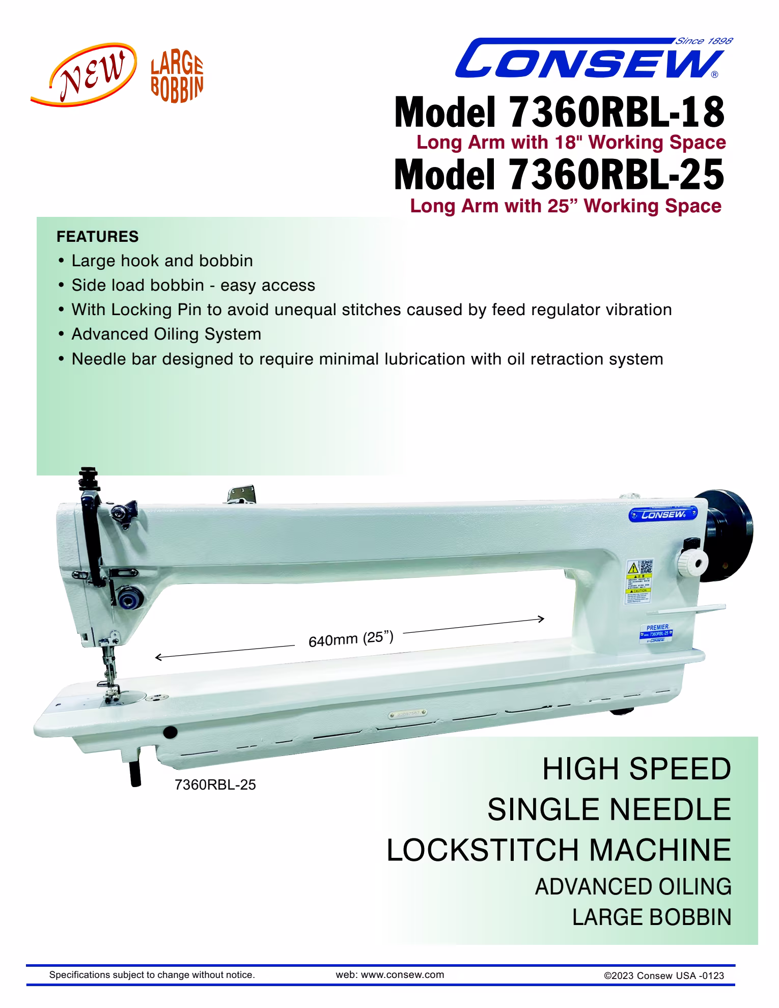 Consew 7360RBL-18 Single Needle Ultra High-Speed Lockstitch Sewing Machine with Table and Servo Motor Brochure Page 1