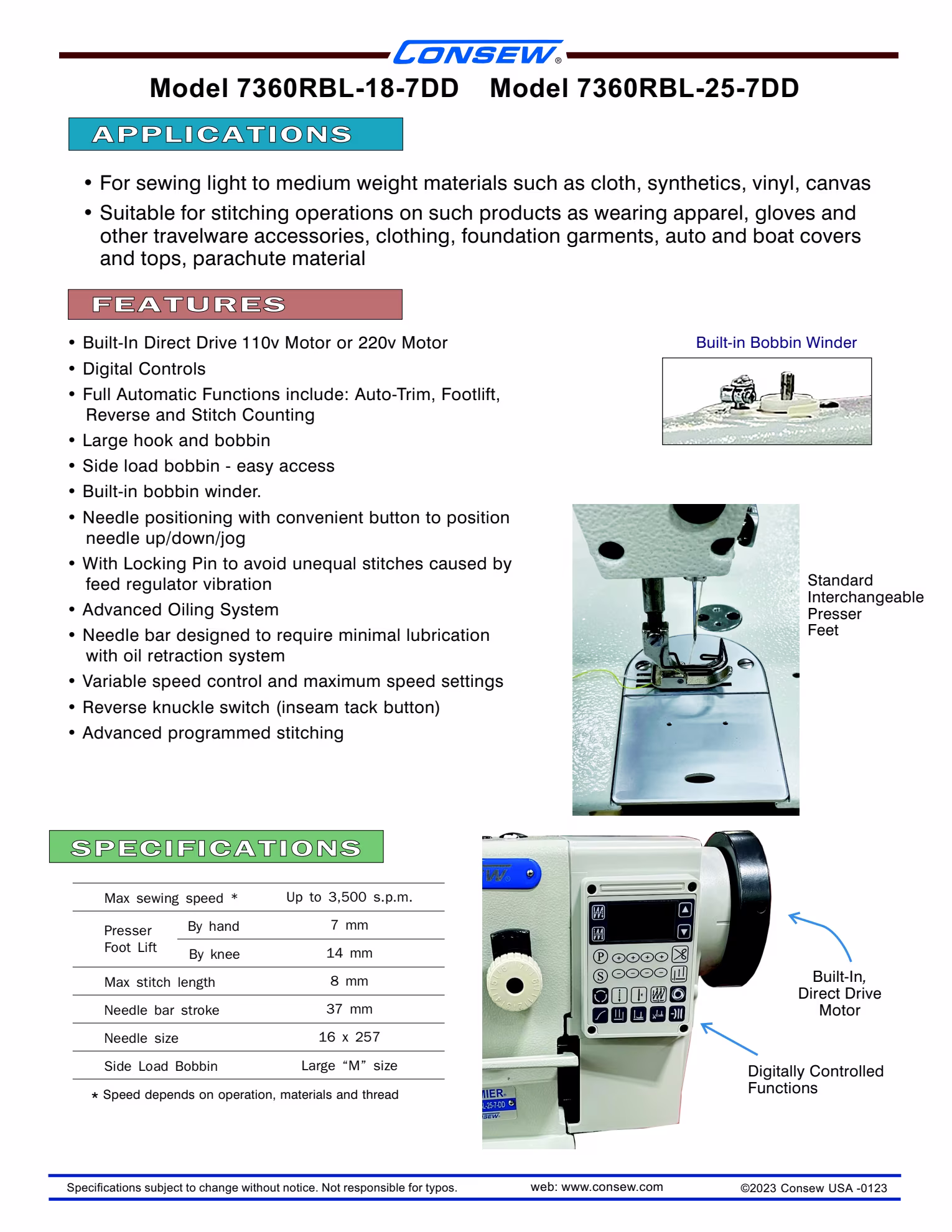 Consew 7360RBL-18-7DD Single Needle Direct Drive Lockstitch Industrial Sewing Machine with Complete Tabling Brochure Page 2